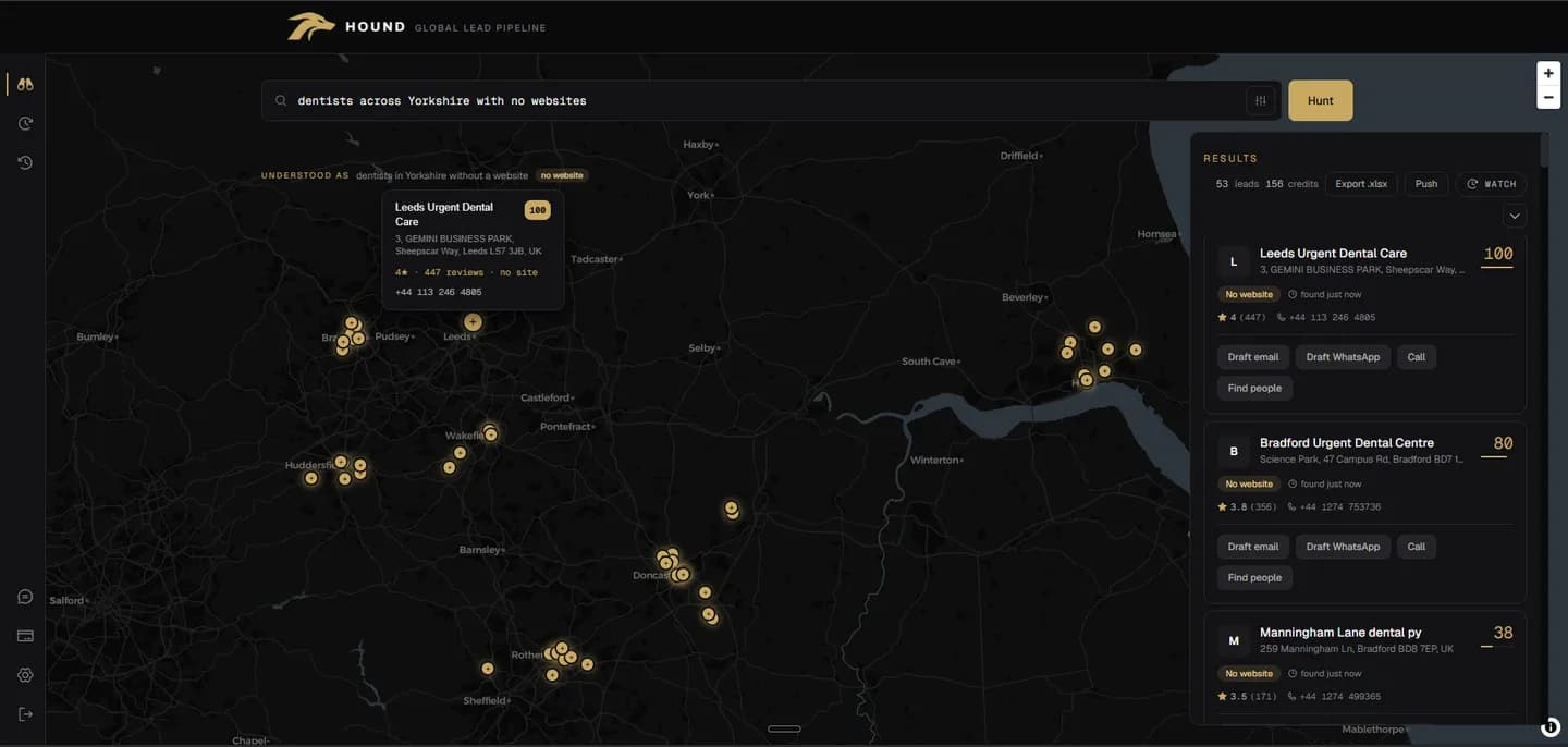 A whole-of-Yorkshire hunt for dentists with no website: 53 scored leads, with pins across Leeds, Bradford, Sheffield, Doncaster and Hull